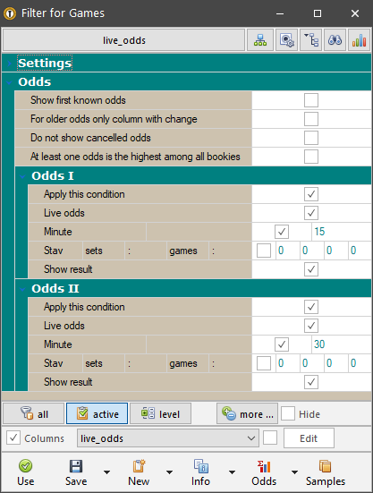 Live odds at Offer window